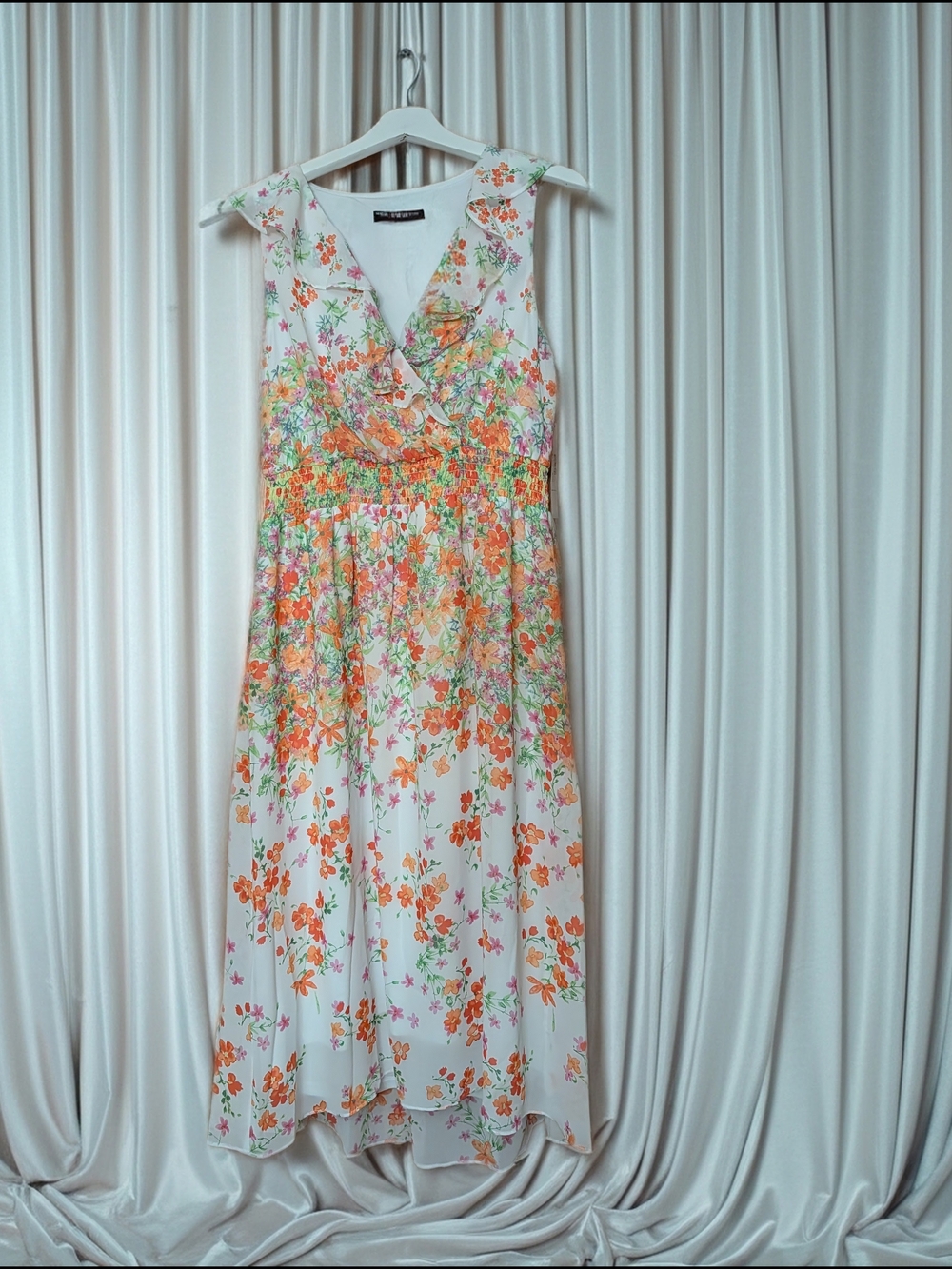Maggy London White Midi Dress with Orange and Green Floral Print